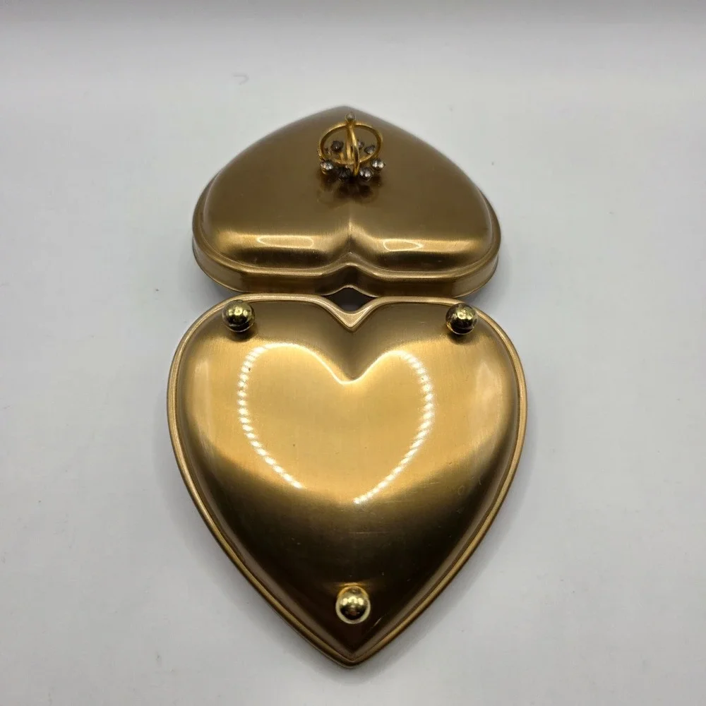 Vintage‎ Gold Heart Jewelry Box Rhinestone Crown Finial Hinged Trinket Case